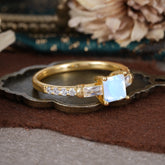 Classic Princess Cut Natural Moonstone Promise Ring Side Stone Bridal Ring